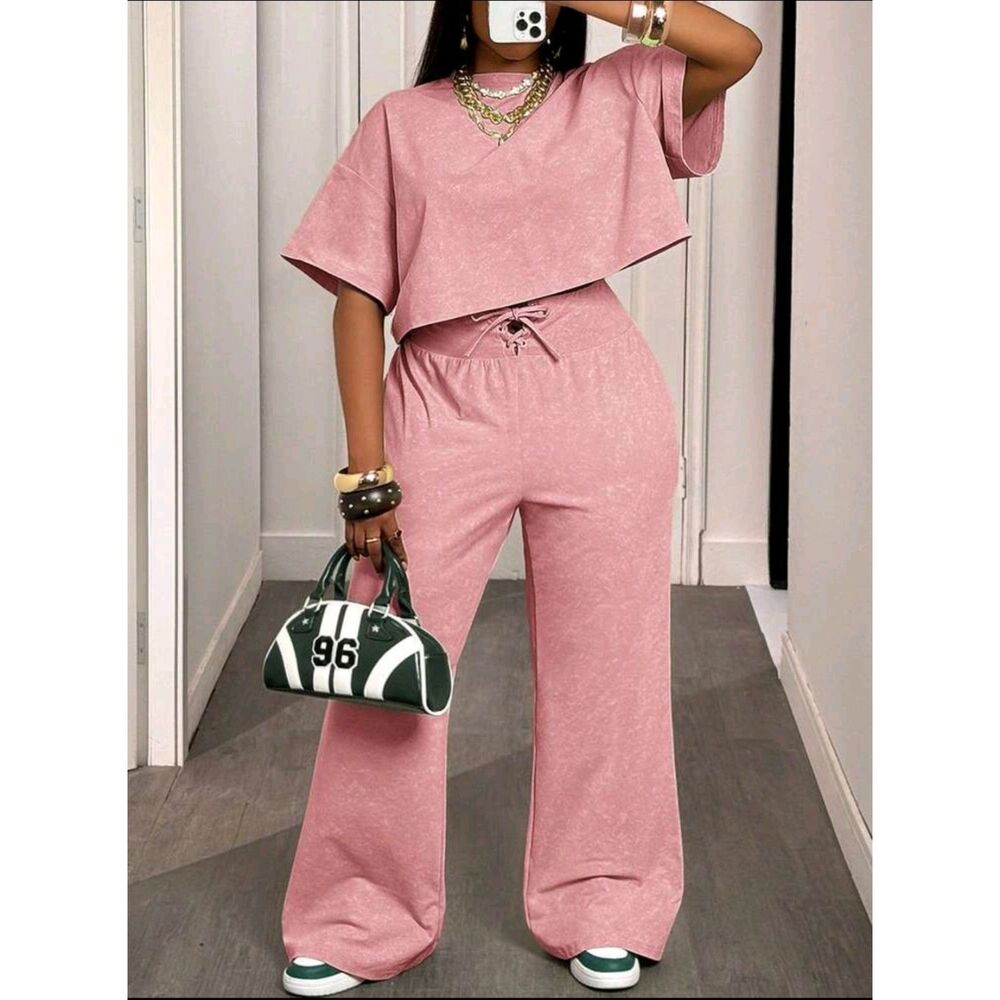 Slaydiva Pink Color Co-ord Set Cropped Tee & Wide Leg Trousers